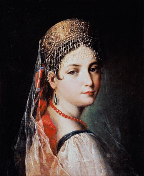 Bildnis einer jungen Frau mit Sarafan und Kokoshnik (Kopfschmuck)  Um 1820