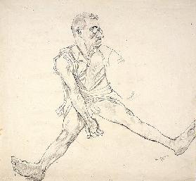Sitzender Mann mit gegrätschten Beinen und ausgestreckter Hand. 1919