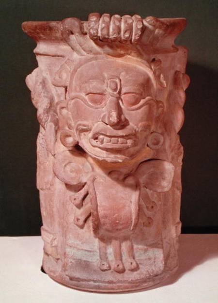 Cylindrical vase with the head of a sun god, Classic Period von Mayan