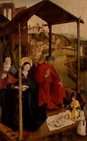 Maria und Joseph in Verehrung vor dem Jesuskind. von Meister der Landsberger Geburt Christi