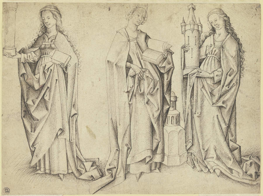 Drei Entwürfe zu einer stehenden Heiligen Barbara von Meister E. S.