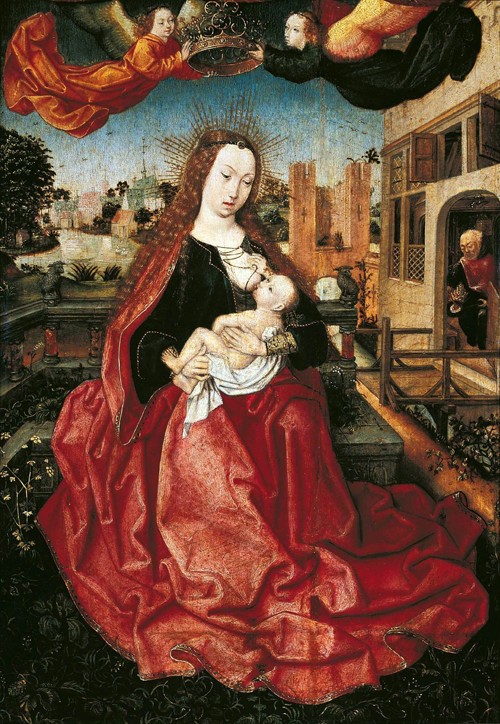 Madonna mit Kind von zwei Engeln gekrönt von Meister von Frankfurt