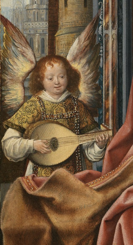 Triptychon mit der Heiligen Familie und musizierenden Engeln. Detail: Der Engel von Meister von Frankfurt