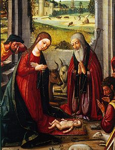 Die Geburt Christi. (Detail: Maria und Joseph in Anbetung des Kindes) von Meister von Játiva, spanisch
