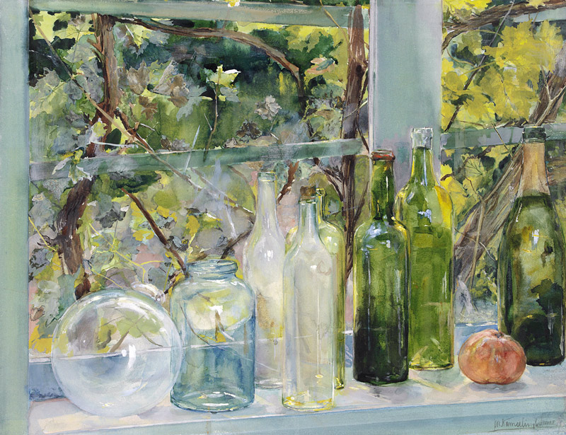 Fensterbank mit Flaschen, einer Glaskugel und einem Apfel von Menso Kamerlingh Onnes