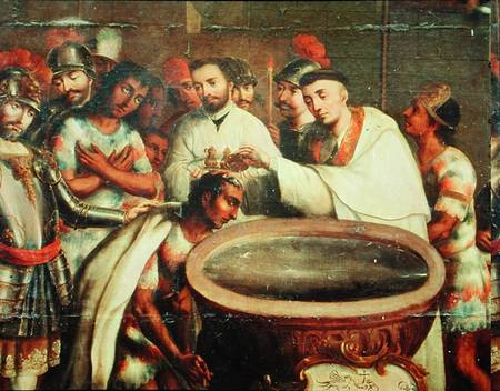 First Baptism of the Indians by the Dominicans von Mexican School