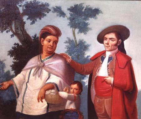 A Spaniard and his Mexican Indian Wife, illustration of mixed race marriages in Mexico von Mexican School