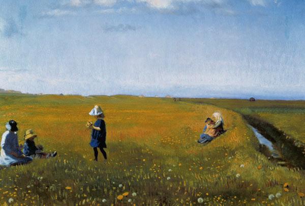 Children and Young Girls picking Flowers in a meadow north of Skagen