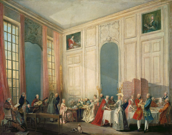 Teegesellschaft beim Prinzen Conti im Vierspiegelsaal des Temple in Paris mit dem jungen Mozart am F von Michel Barthélemy Ollivier