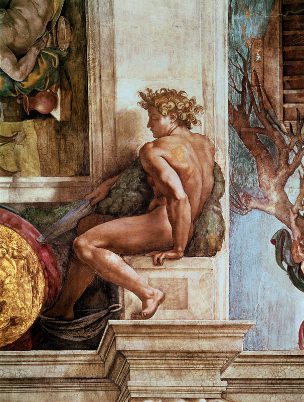 Ignudo from the Sistine Ceiling (pre restoration) von Michelangelo (Buonarroti)