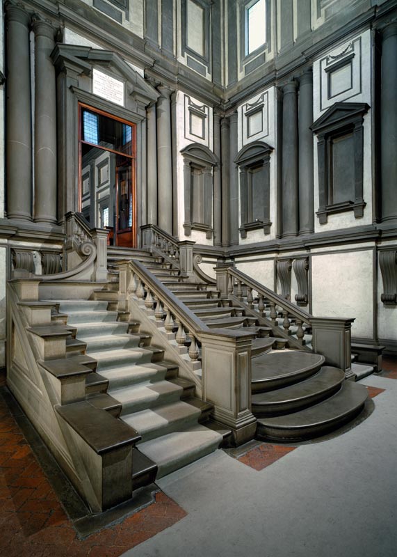 Staircase in the entrance hall of the Laurentian Library, completed by Bartolomeo Ammannati von Michelangelo (Buonarroti)
