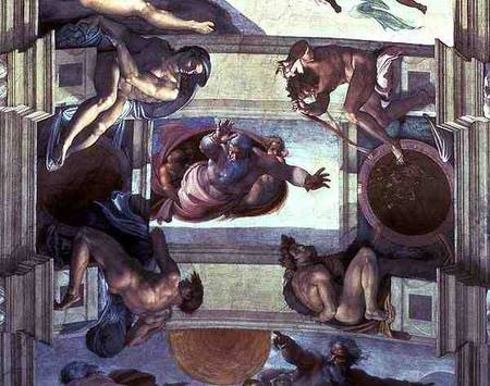 Sistine Chapel Ceiling: God Separating the Land from the Sea, with four Ignudi von Michelangelo (Buonarroti)