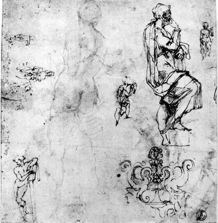 Sketches of male nudes, a madonna and child and a decorative emblem  & ink and von Michelangelo (Buonarroti)
