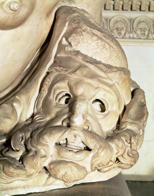 The Tomb of Giuliano de' Medici (1478-1516) detail of the tragic mask under the arm of Night, 1520-3 von Michelangelo (Buonarroti)