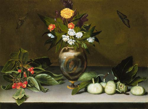 Vase mit Blumen, Kirschen, Feigen und zwei Schmetterlingen von Michelangelo Caravaggio