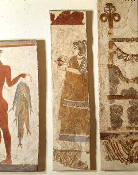 Three wall painting fragments: the 'Fisherman', the 'Priestess' and an 'Ikrion', removed from the We c.1500 BC