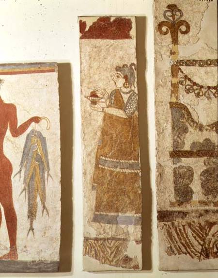 Three wall painting fragments: the 'Fisherman', the 'Priestess' and an 'Ikrion', removed from the We von Minoan