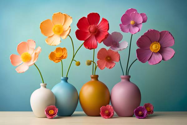 3D Blumen in Blumenvasen, Stillleben, Bunt, Modern, minimalistisch von Miro May