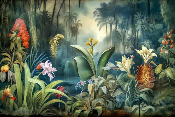 Blumen im Regenwald, Tropischer Wald, bunte Blumen und Pflanzen, Landschaft, Traumhafte Natur von Miro May