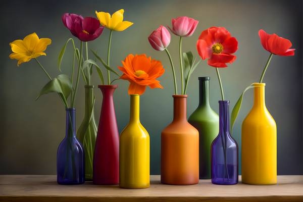Bunte Blumen in bunten Flaschen, Gemälde, AI, modern, Stillleben, digital von Miro May