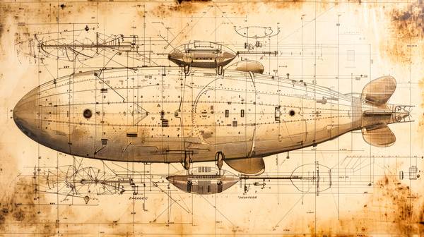 Ein in Sepia gehaltener Zeppelin, präsentiert in Form einer technischen Zeichnung aus der Renaissanc von Miro May