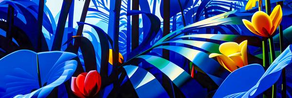 Ein leuchtend blauer Dschungel mit exotischen Pflanzen und tropischen Blumen von Miro May