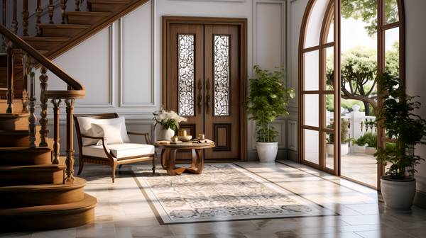 Mediterranes Innendesign einer modernen Eingangshalle mit Gittertür, Treppen und Pflanzen von Miro May