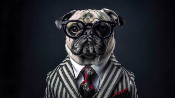 Mops mit Anzug, Krawatte und Sonnenbrille auf dunklem Hintergrund. Haustiere, Hund, Portrait, Hundep von Miro May