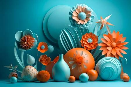 3D abstrakte Blumen in Blau und orange, Blumenornament, floral, Natur 2023