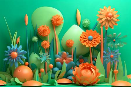 3D abstrakte Blumen in grün und orange, Blumenornament, floral, Natur 2023