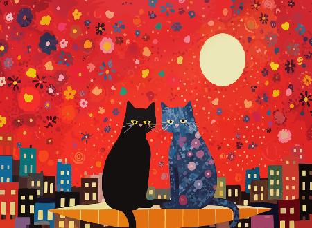 Zwei Katzen auf dem Dach beim Vollmond. Roter Himmel mit Sternen. Liebe 2023