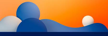 Abstrakte Landschaft aus bunten geometrischen Figuren in orange, blau und weiss 2023