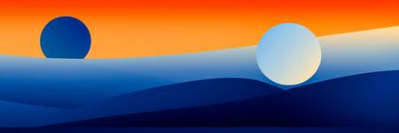 Abstrakte Landschaft mit Sonne, Mond und Bergen. Bunte geometrische Figuren und Muster 2023