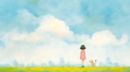 Aquarelle mit einem Mädchen und Hund, Skyline, Wolkenlandschaften, minimalistisch. Digital AI Art. 2023