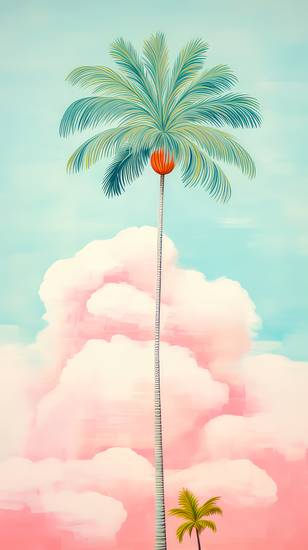 Aquarelle mit einer Palme und Wolkenlandschaften, minimalistisch. Digital AI Art. 2023