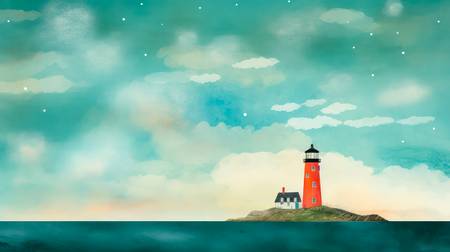 Aquarelle mit rotem Leuchtturm, Ozean und Wolkenlandschaften, minimalistisch. Digital AI Art. 2023