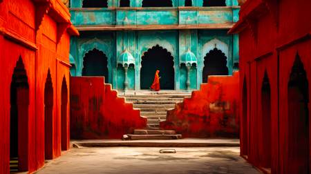 Architektur in Indien. Eine Frau in rot, Rote Arkaden, Tempel und Treppe. 2023