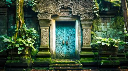 Blaue Tür in einem Tempel in Bali. Architektur in Asien 2023