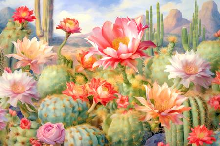 Blühende Kakteen in der Wüste. Blühende Kakteen. Landschaft mit Kakteen un Blumen 2023