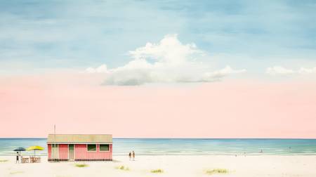 Bunte Aquarelle mit einem Cafe Haus am Strand. Sommer 2023
