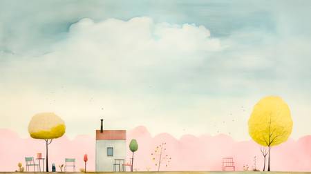 Bunte Aquarelle mit einem Cafe Haus, Bäumen und Wolken. Digital AI 2023