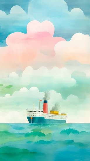 Bunte Aquarelle mit einem Schiff auf hoher See. Wolken und Meer. Digital 2023