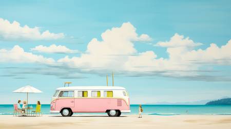Bunte Aquarelle mit einem VW Bus am Strand. Picknick, Familienurlaub, Camping. Digital AI 2023