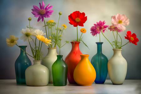 Bunte Blumen in bunten Flaschen, Gemälde, AI, modern, Stillleben, digital !! 2023
