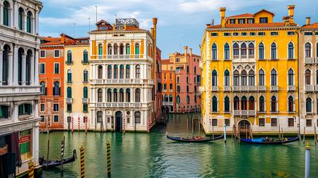 Bunte Häuser Gondel und Boote am Kanal in Venedig  2024