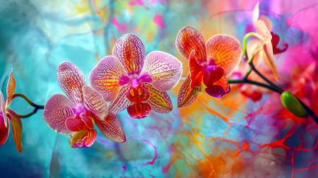 Bunte Orchideen auf blau rosa Hintergrund 2024