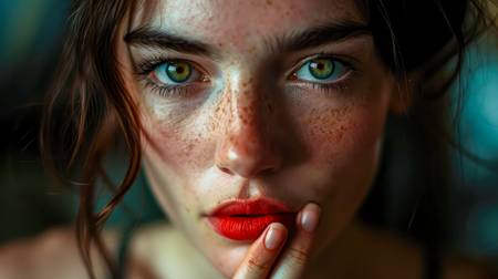 Close up Porträt einer wunderschönen Frau mit grünen Augen und Sommersprossen 2024