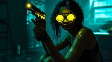 Ein futuristisches Porträt einer Frau mit leuchtend gelben Brillen und Waffe . Zukunftsvision. 2024