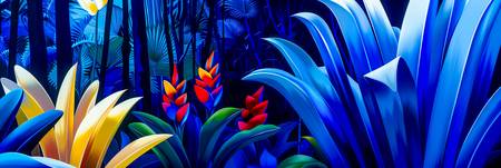 Ein leuchtend blauer Dschungel mit exotischen Pflanzen und tropischen Blumen 2024