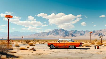 Ein Oldtimer Auto ind der Wüste mit einem Berg im Hintergrund. Der Himmel über USA 2024